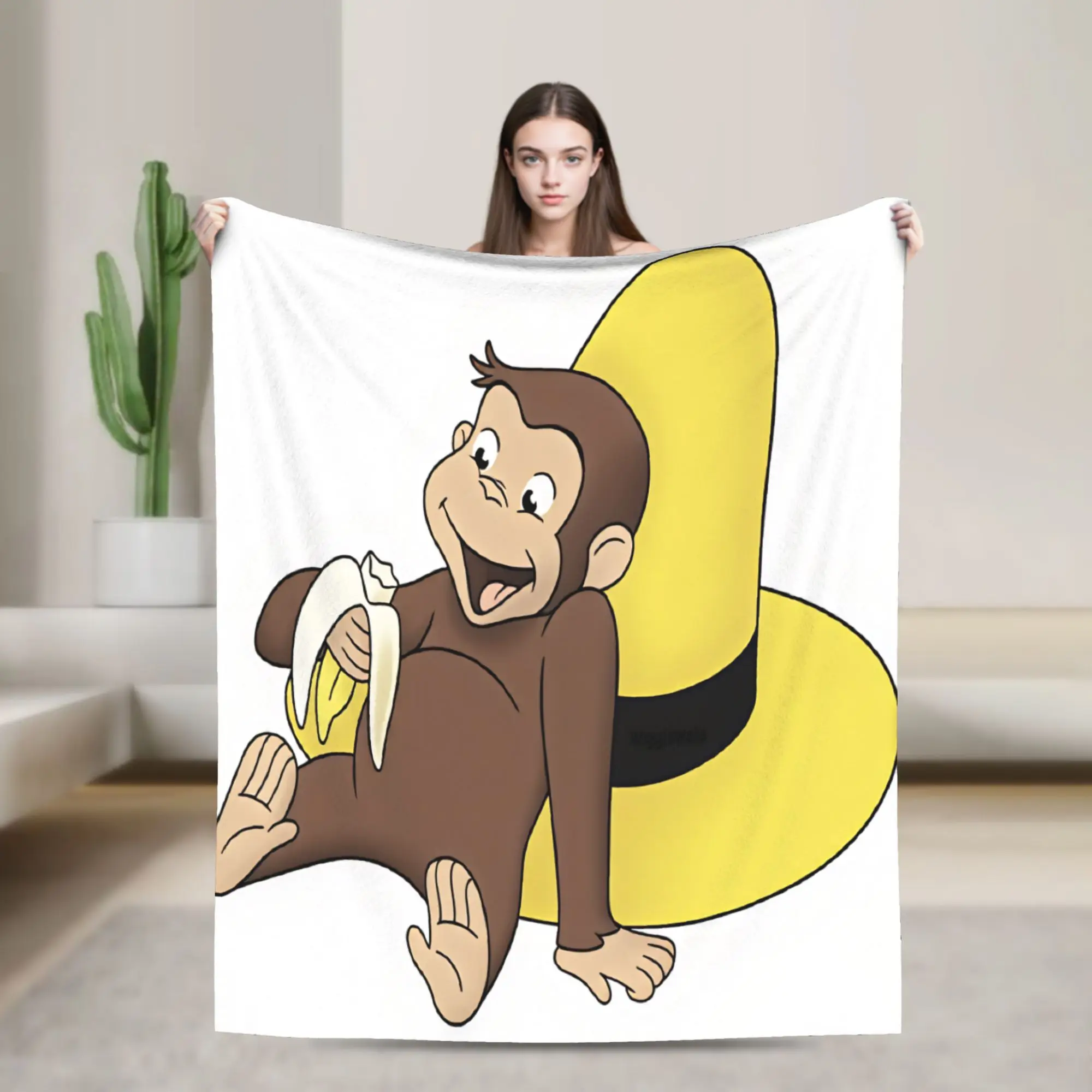 Curious George Banana Yellow Big Hat Flannel Blankets Soft Throw Blanket for Living Room Decorative Bedspread Sofa Bed Cover