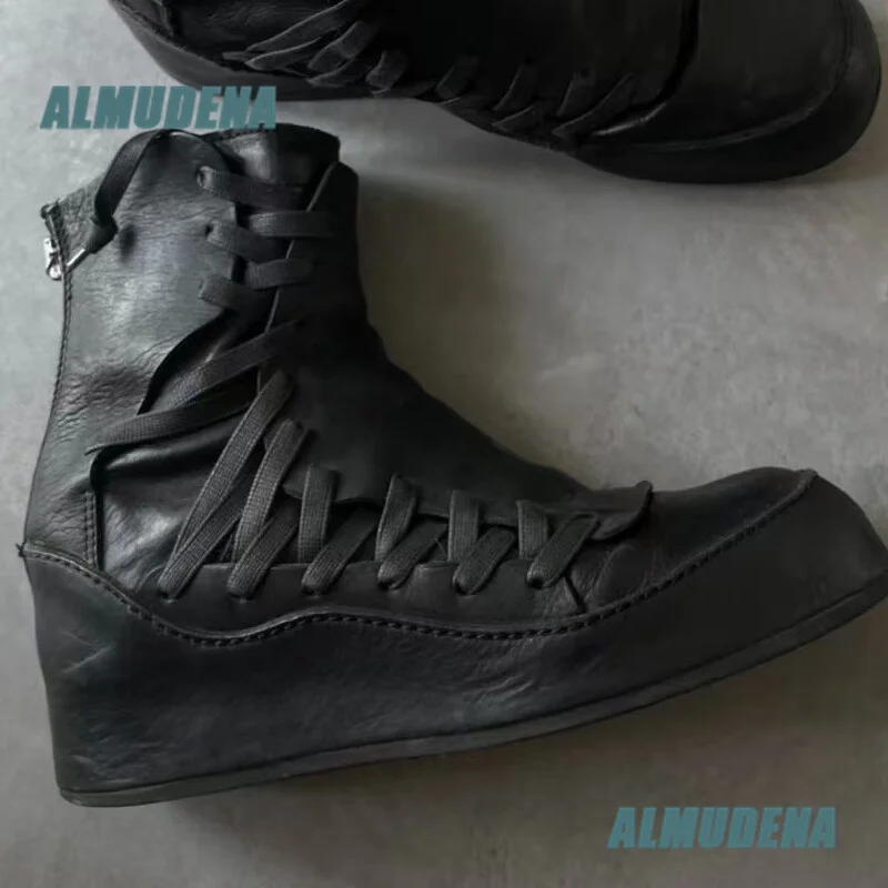Men's Black Leather Ankle Boots Multi-Straps Back Zipper Gothic Short Boots Thick Sole High-Top Booties Autumn Men's Boots