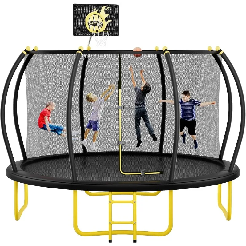 

12FT Pumpkin Trampoline, Trampoline Outdoor with Basketball Hoop, Enclosure Net and Ladder, Recreational Trampoline