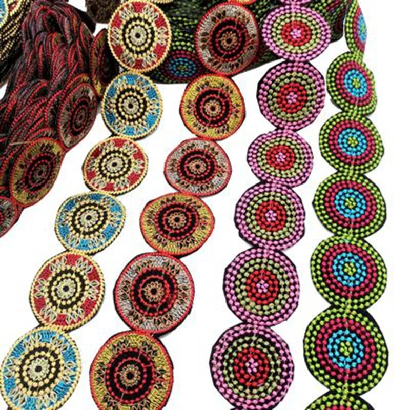 Vintage 3D Round Embroidery Lace Ribbon, Adhesive Boho Lace Trim, DIY Clothes, Bag Accessories, Embroidered Fabric, 1 Yard