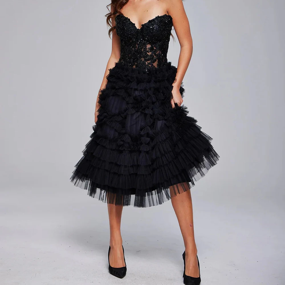

Black A-line Women's Evening Dresses Tea-length Strapless Sleeveless Prom Gown Fashion Lace Sequined Draped Customized Gowns