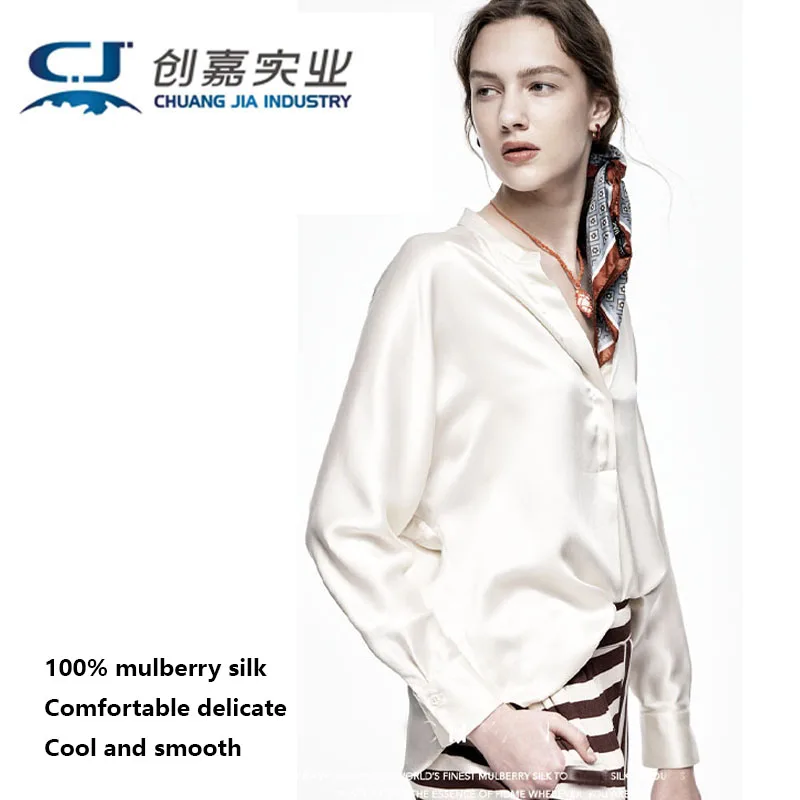 

100% шелковая женская весенне-летняя рубашка с длинным рукавом и v-образным вырезом, шелковый атлас, мягкий крутой топ, городская модная атмосфера