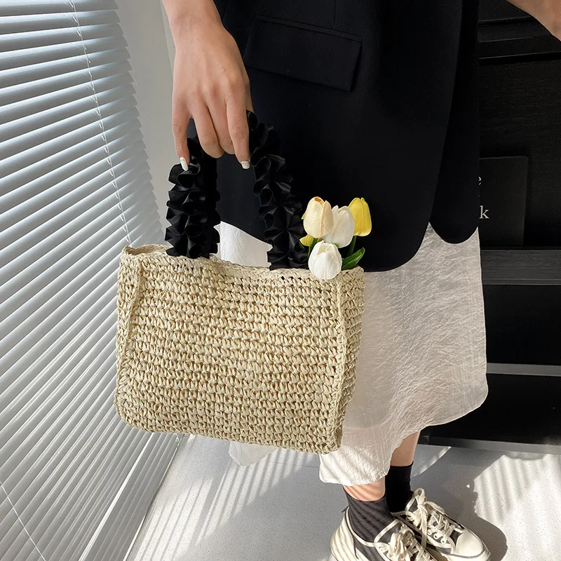 Torebka ze słomy z marszczonym uchwytem Bohemian Woven Bags for Women Purses and Handbags Paper Rope Beach Bag Shoulder Bags Small Shopper Tote