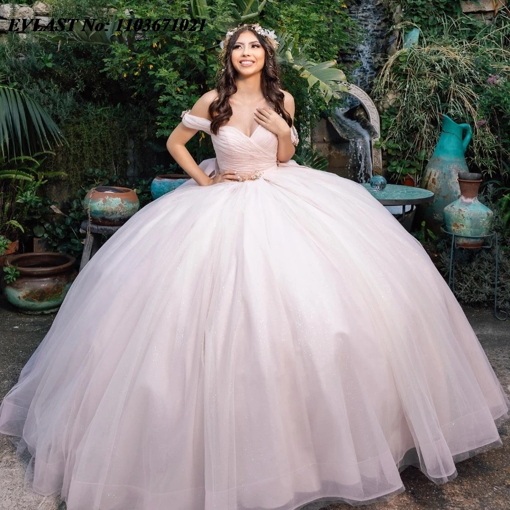 EVLAST-vestido De quinnceañera rosa brillante, apliques De vestido De baile, lazo De cristal con cuentas, corsé De México dulce 16, 15 años, SQ453