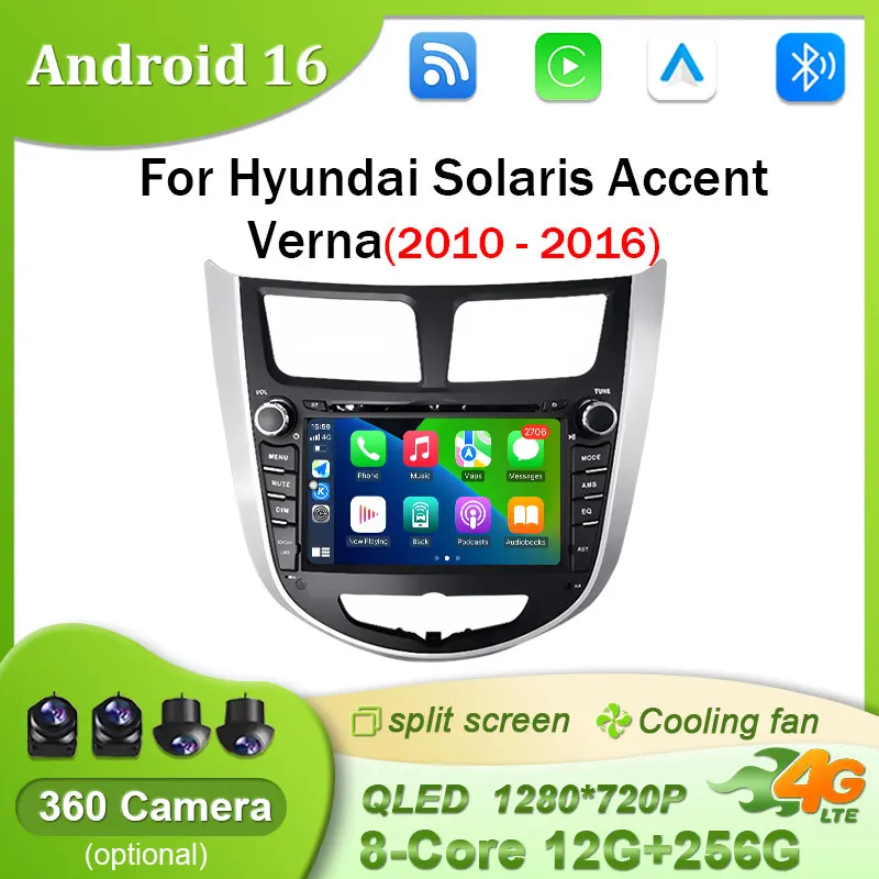 Android 16 Car Radio For Hyundai Solaris Accent Verna 2010-2016 Carplay Auto GPS 4G WIFI QLED BT Split Screen no 2 din Head Unit