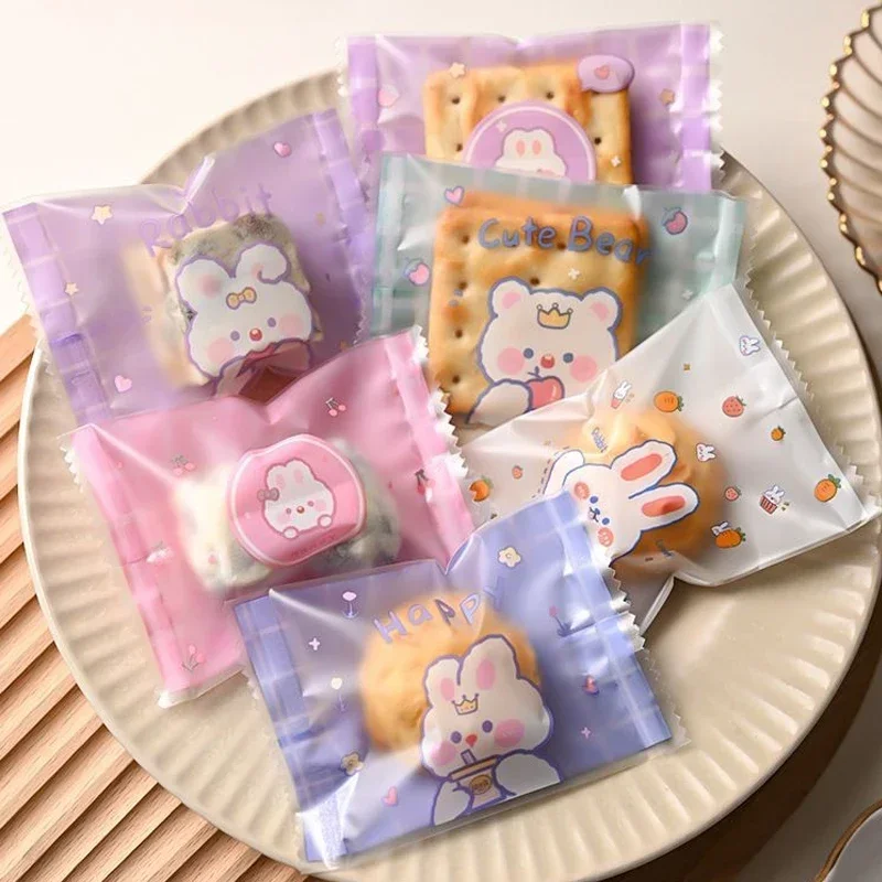 100pcs Cartoon Nougat Sugar Bags Plastic Machine Hot Sealed Bag Chocolates Cookies Wrapping Bag DIY Handmade Baking Supplies