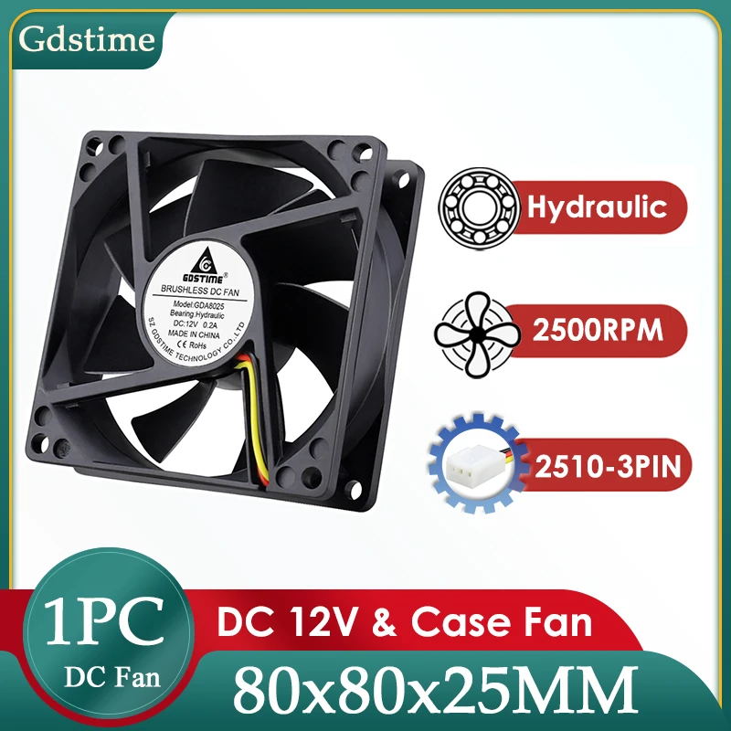 Gdstime DC 12V 80MM Fan 80MM*80MM*25MM Brushless Cooling Fan 8CM 3PIN FG Axial Fan 8025 Radiator for PC Computer Case Cooling