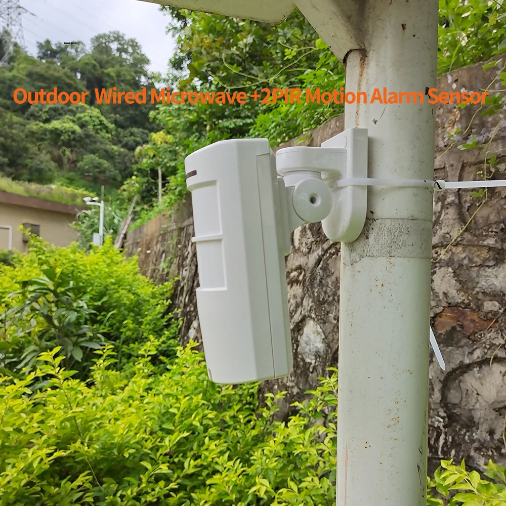 DC12V Outdoor Wired Microwave PIR Motion Sensor Alarm with Rain Cover 12M 100 Degrees Wide Angle Detection Anti-pet Anti-mask