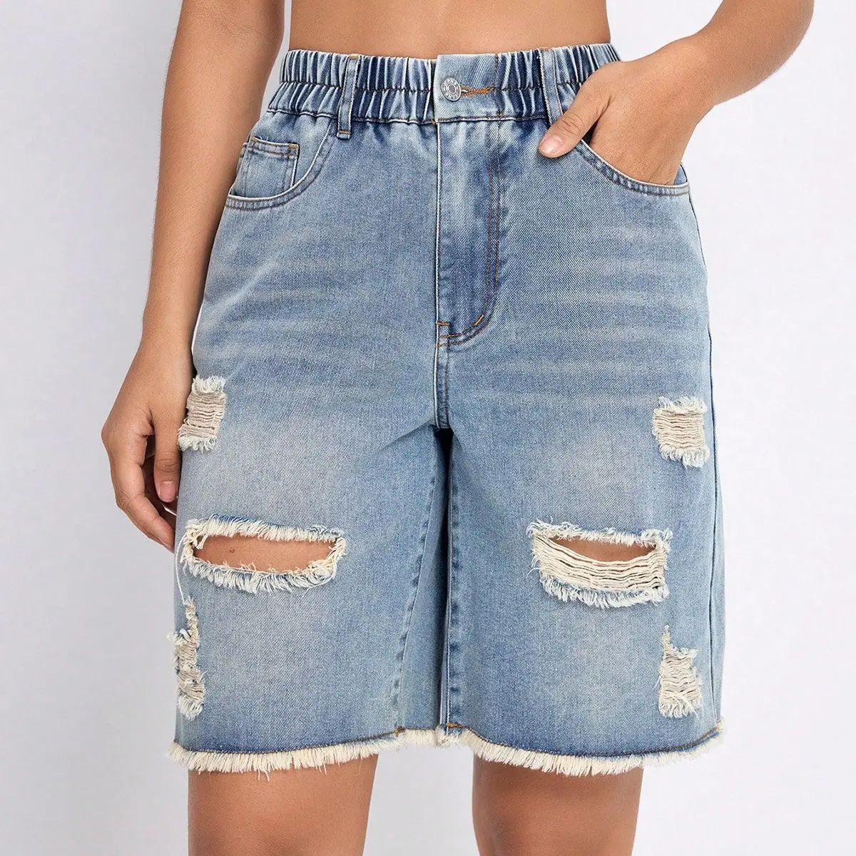 

New Women's Casual Ripped Hole Knee Length Baggy Jeans