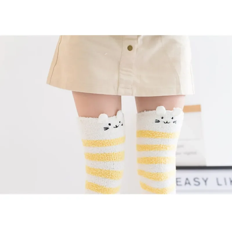 Women Cartoon Coral Velvet Knee Socks Lady Lovely Warm Comfortable Thick Long Socks Winter Cute Striped Christmas Stockings