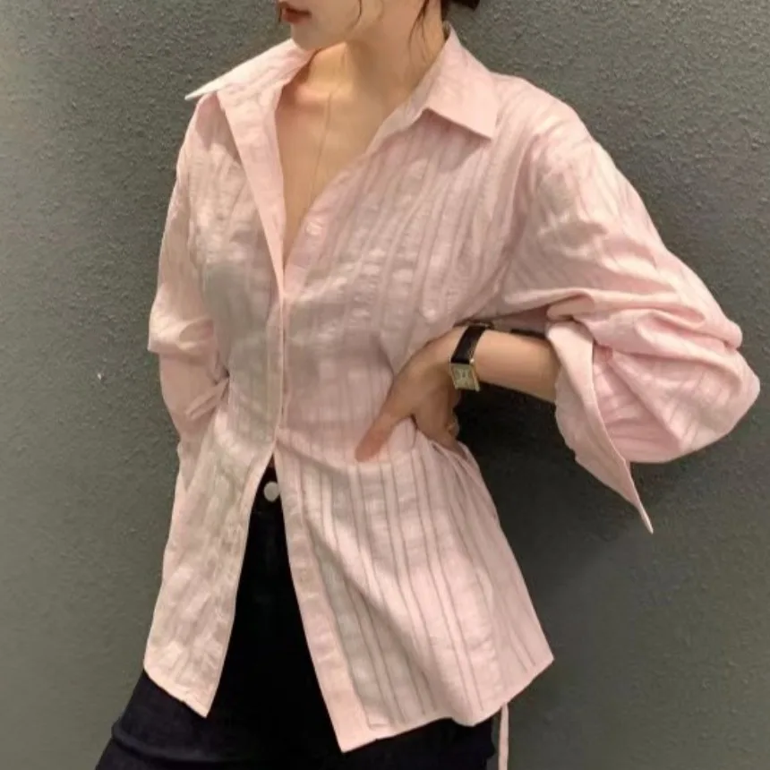 Slim Fit rayé longue Sve irt femmes Chic automne Design Sense cravate Ne boutonné minceur irt défaut trajet