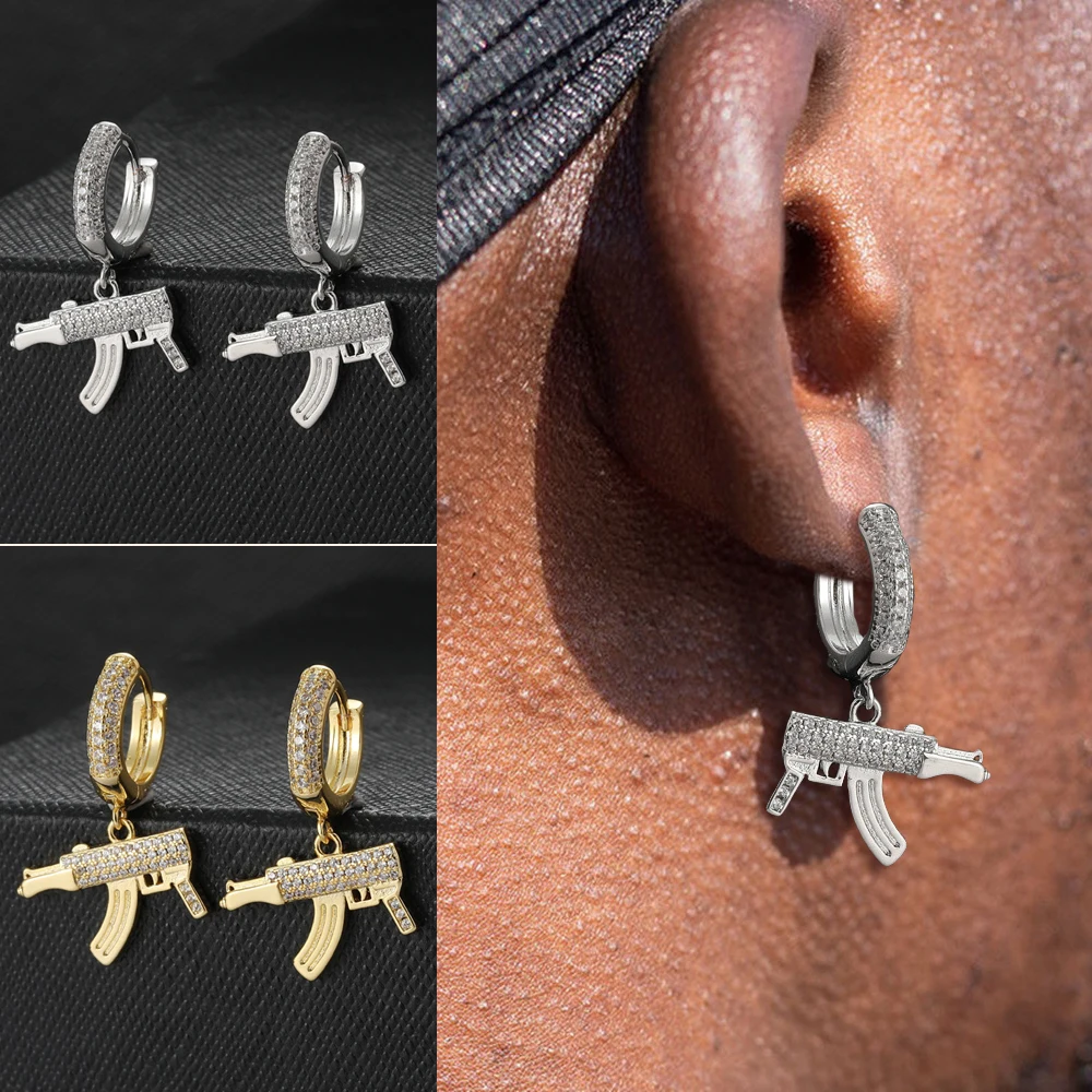 Ak-47 Submachine Gun Dangle Earrings Bling Iced Out Zircon Street Rock Rap Cool Jewelry Hypoallergenic Earrings For Women Men