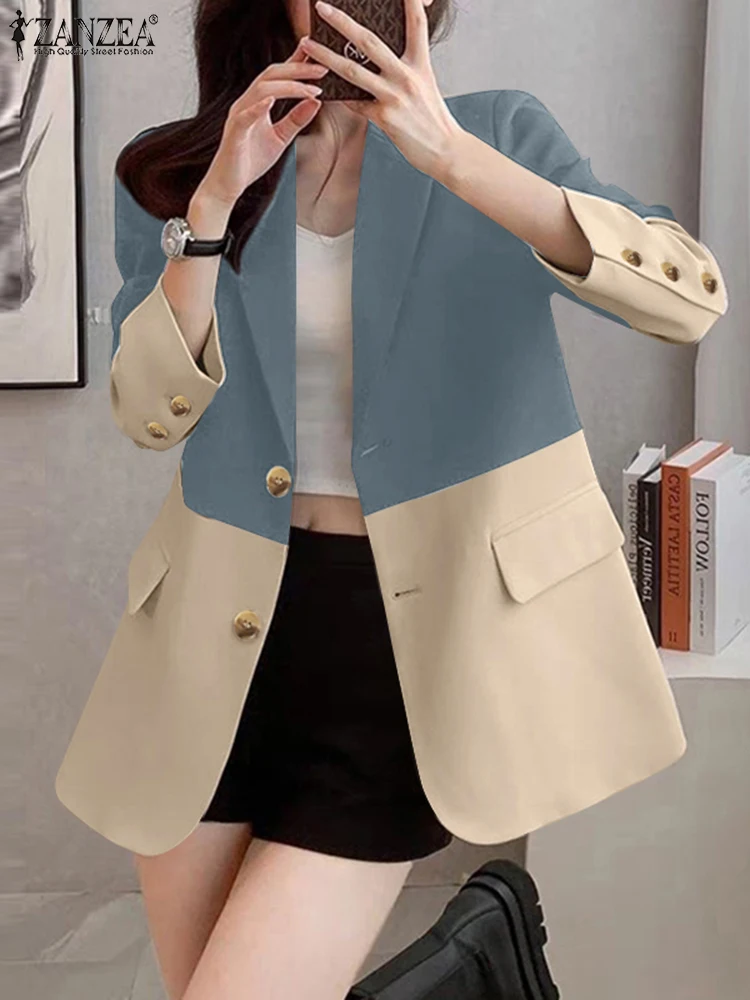 ZANZEA Office Wear Contrast Kleur Blazer Losse Casual Revers Hals Herfst 2024 Lange Mouw Blazer Vrouwen Koreaanse Stijl Colberts