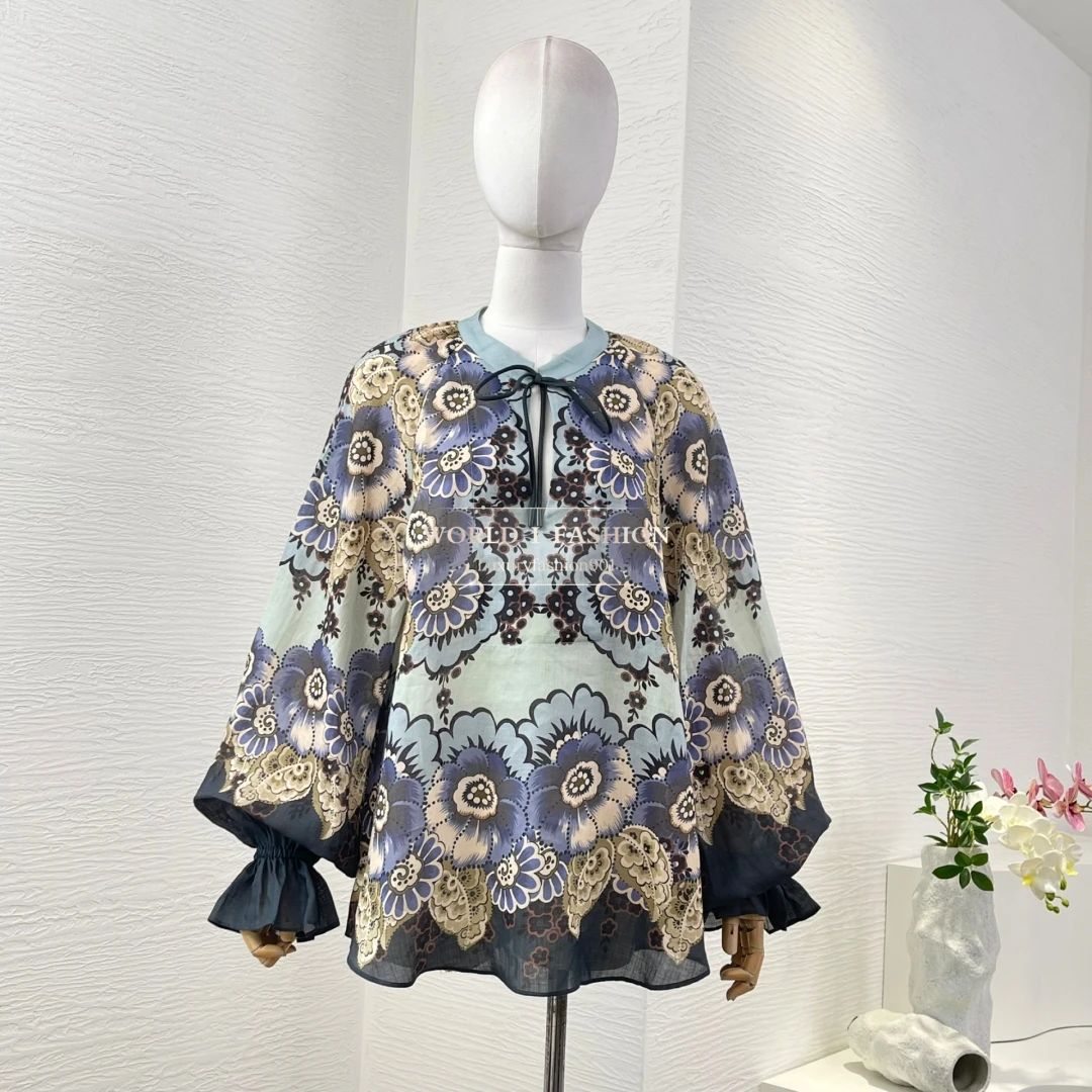 

Blue Floral Print Long Sleeve Blouse Tops 2025 NEW