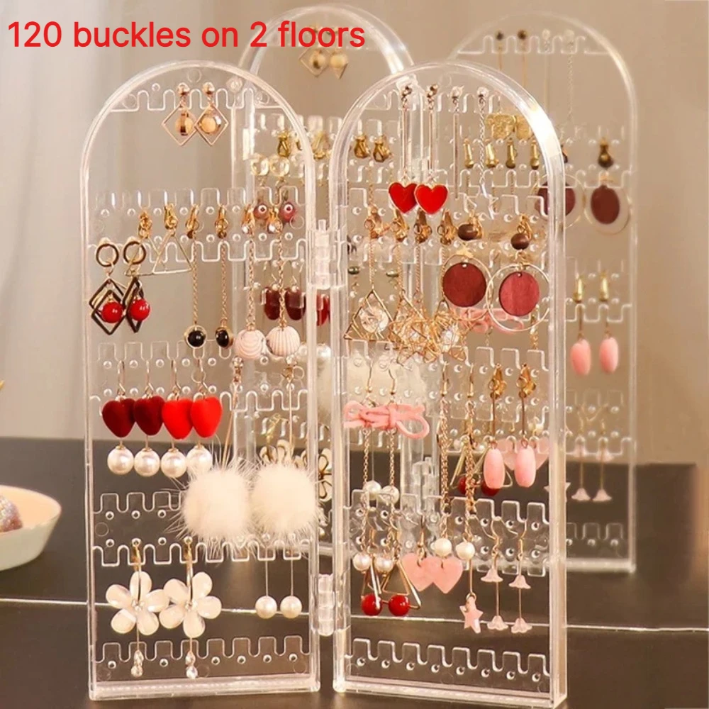 1pc Transparent 2-Layer 120-Hole Earring Display Stand, Vertical Foldable Home Hanging Earring and Stud Jewelry Organizer