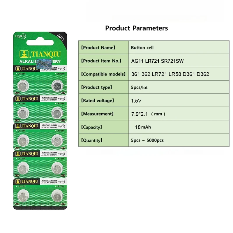Button Cell Battery AG11 LR721 362 SR721 162 1.5V 18mAh 2-50 Pack For Watch Toy Remote Control Use