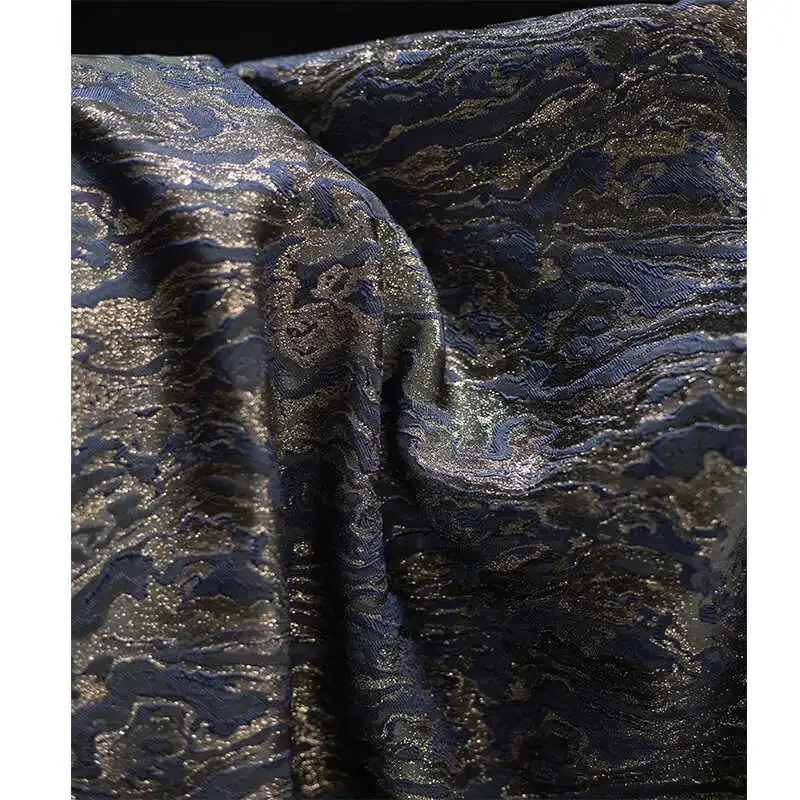 Golden Wave Pattern Jacquard Fabric Blue Black Double Sided Antique Style Luxury Hanfu Dress Jacket DIY Clothing Designer Cloth