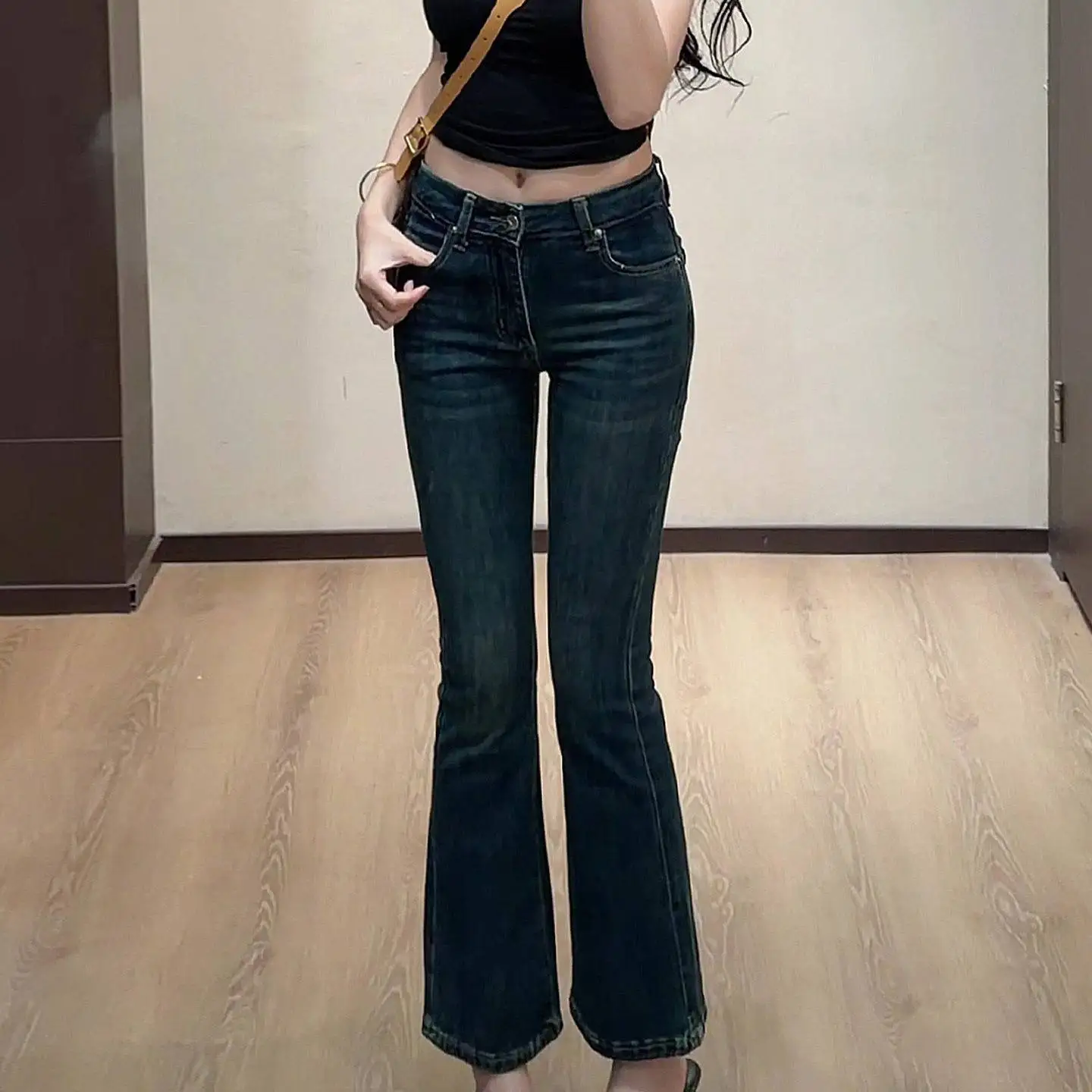 

Slim Fit Low Waist Denim Jeans Women's Summer Cotton Stretchy Micro Flared Pants Unique Washed Wide Hip Nine Points