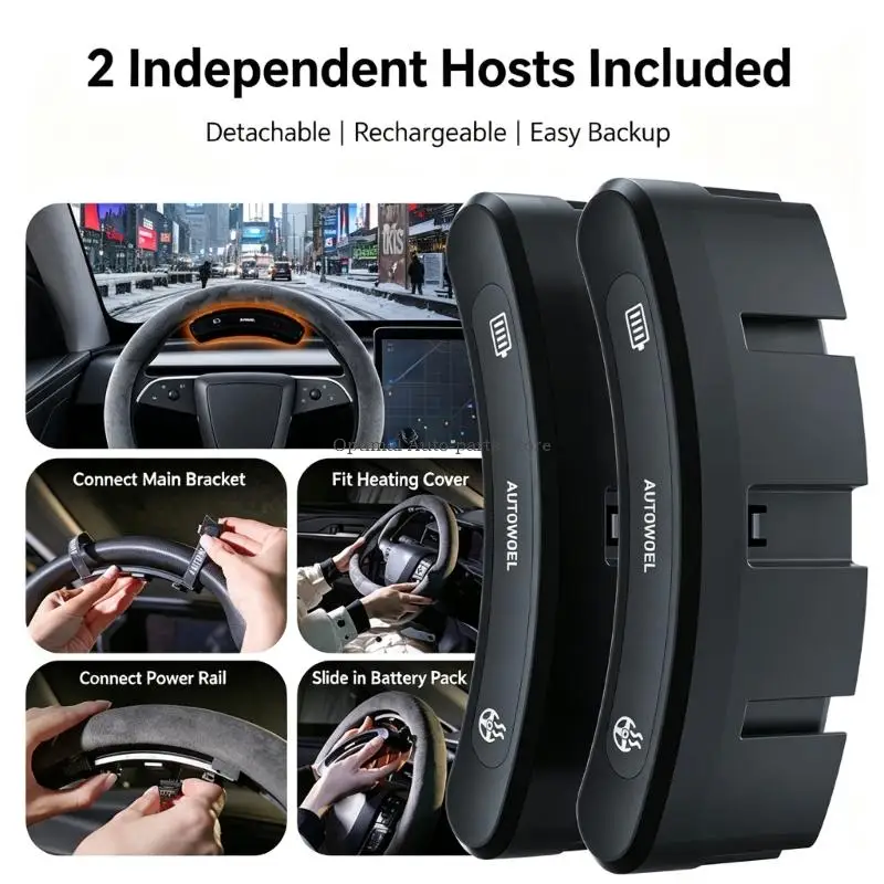 Rechargeable Steering Wheel Heating Cover with Removable Battery Unit, Unheated Use Option and Bracket-Mounted Connection for
