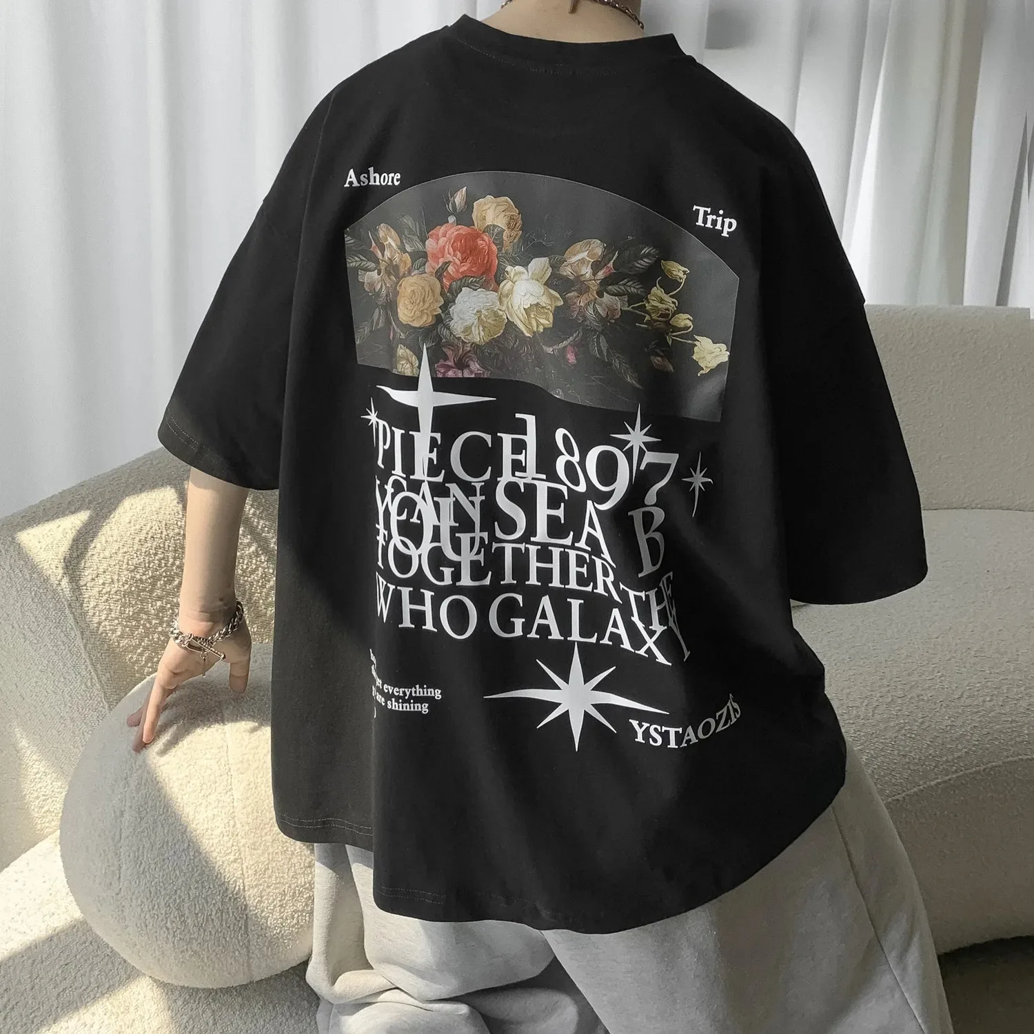 Men T Shirt Floral Print Anime Gothic Oversized T Shirts Short Sleeve Tees Y2k Punk Vintage Streetwear 2023 Summer Harajuku Tops