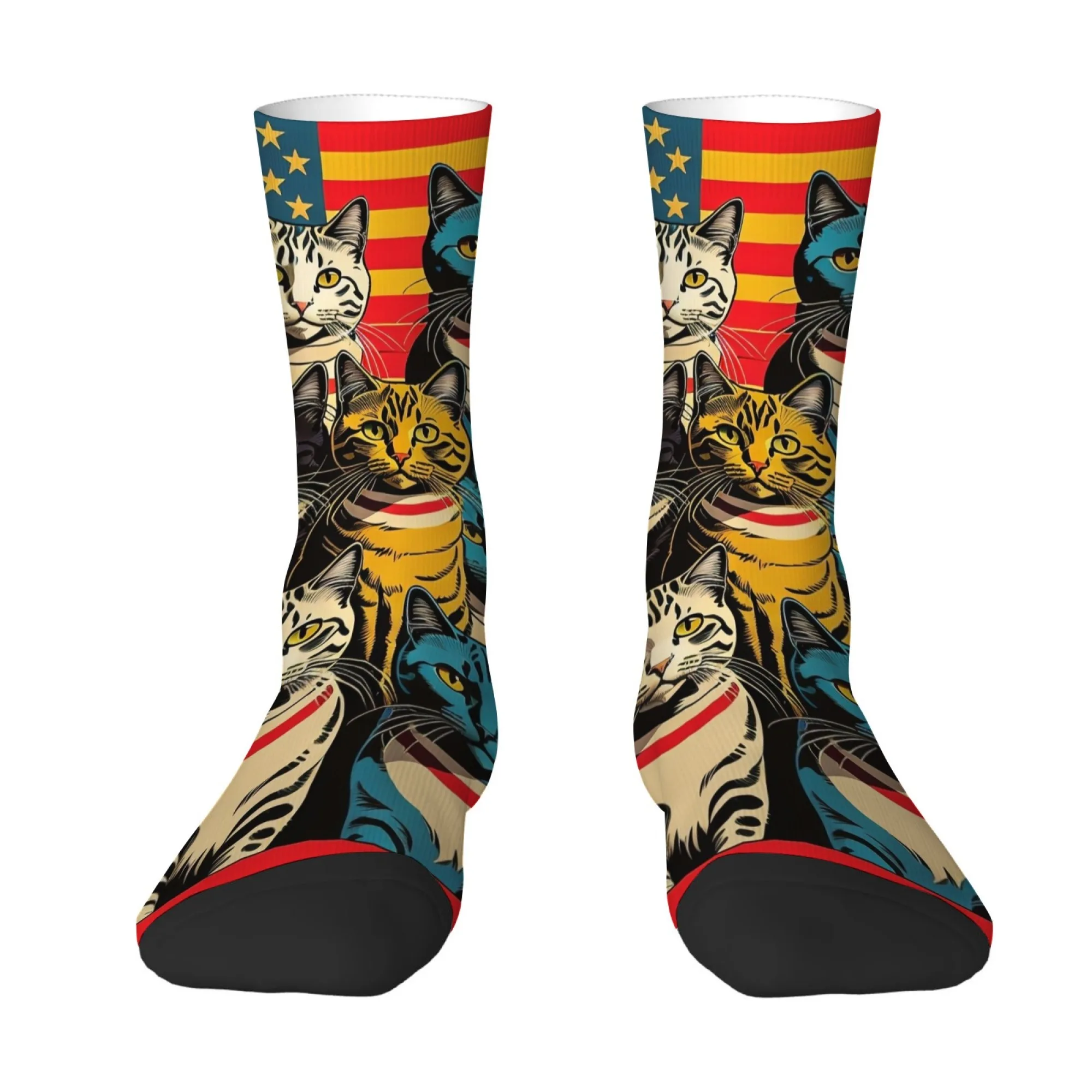 

American Flag-themed Cat Print Men's Socks Comfortable Breathable Skin-friendly Funny and Fashionable Street Style Socks