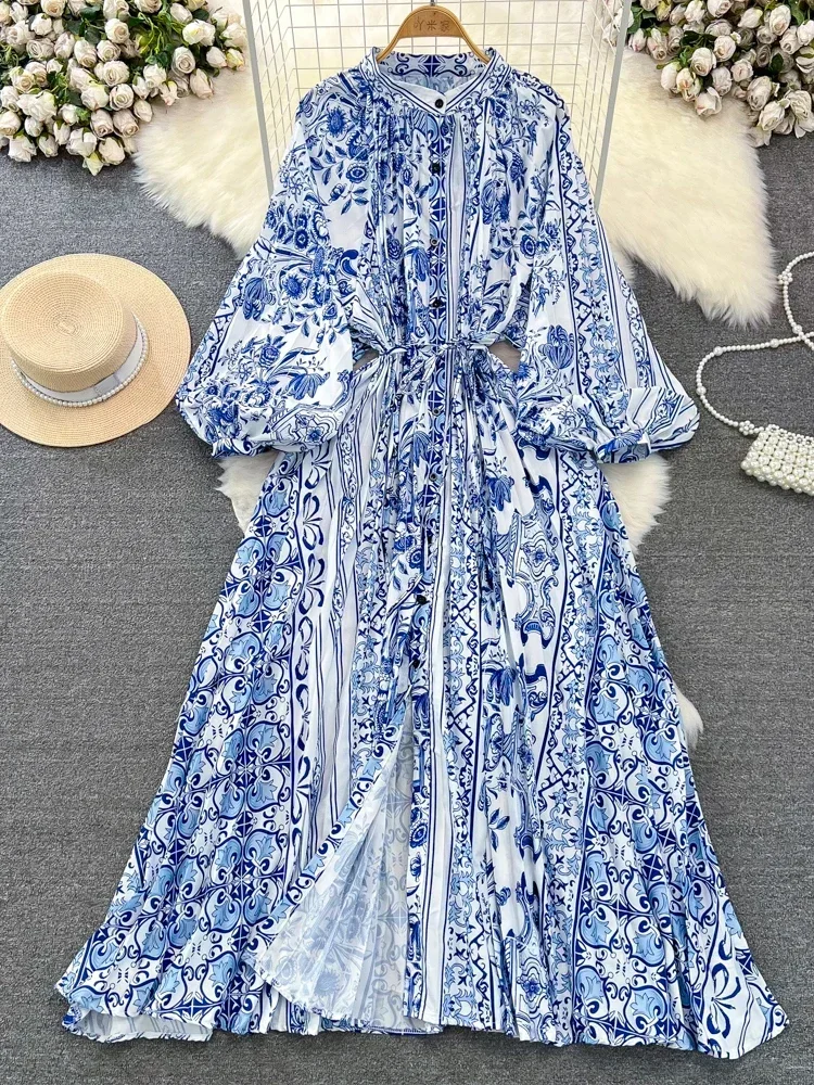 New Spring Retro Print Pleated Long Maxi  Dress Femininity Small Stand-up Collar Puff Sleeve Slim Holiday Dress A99