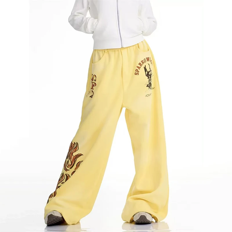Y2K Flame Print Women Wide Leg Pants Autumn Winter American Streetwear Loose Casual Pants Hip Hop All Match Straight Trousers