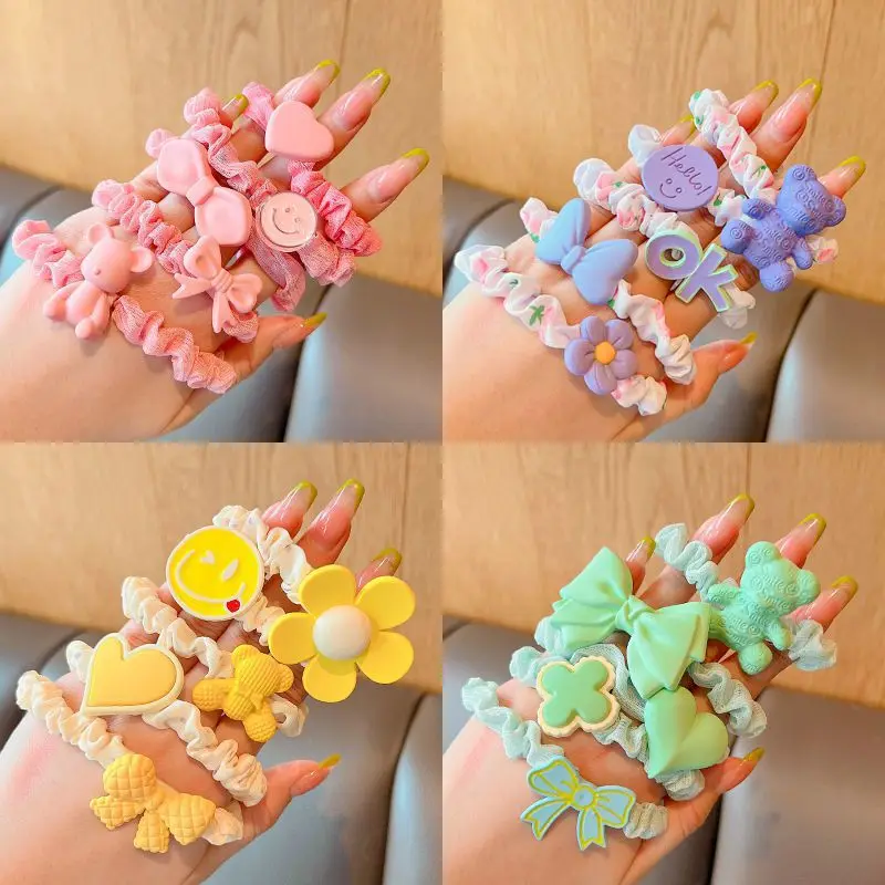 5pcs/Set Cute Heart Bow Bear Hair Ropes Candy Color Elastic Hair Ties Fashion Flower Ponytail Holders Hair Rings For Baby Girls