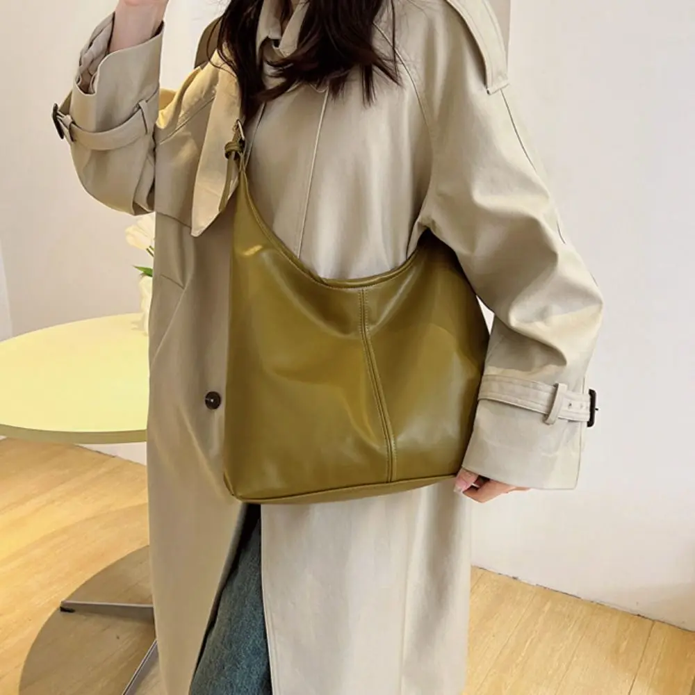 

Korean Style Commute Shoulder Bag Retro Solid Color Pu Leather Tote Bag Large Capacity Minority Design Women's Underarm Bag