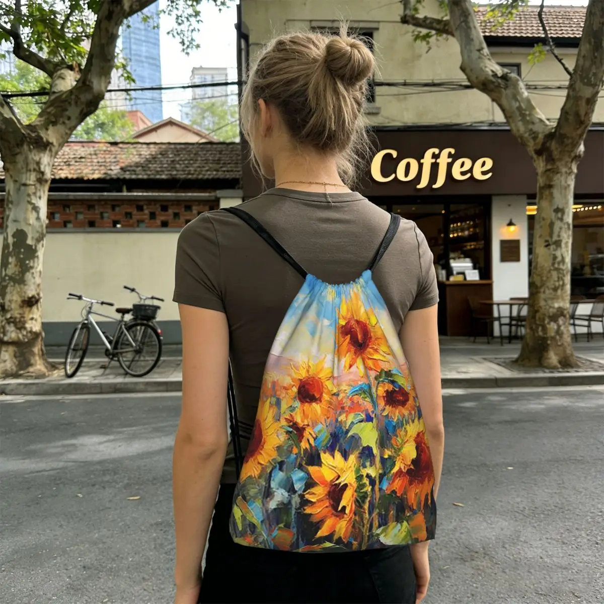 

Vibrant Sunflower Vintage Oil Painting Backpacks Casual Drawstring Bundle Pocket Storage Bag Book Bags for Travel Students