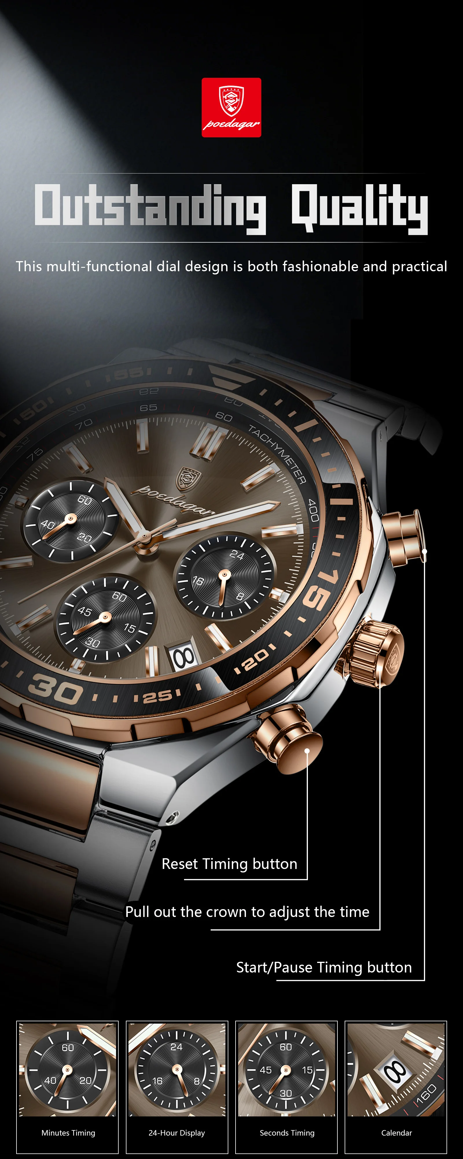 POEDAGAR Luxus Mode Herrenuhr Wasserdicht Leuchtend Quarz Sportuhr Datum Chronograph Business Herrenuhren Männliche Armbanduhr – Detail 6