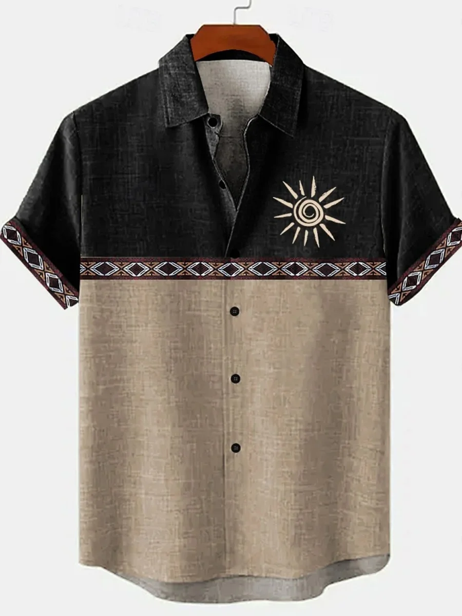 New Men's Ethnic Style Retro Fashion Art Print Linen Shirt, Summer Street Hawaiian Style Shirt Men's Daily Top