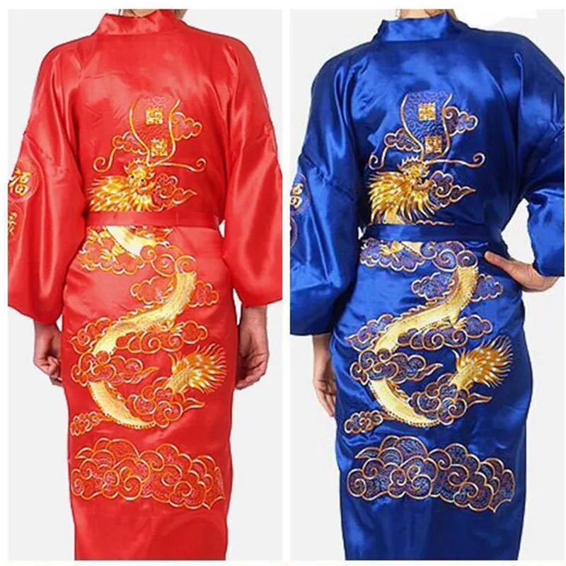 Navy Blue Chinese Men's Satin Silk Robe Embroidery Kimono Bath Gown Dragon Size  M,L XL XXL 573