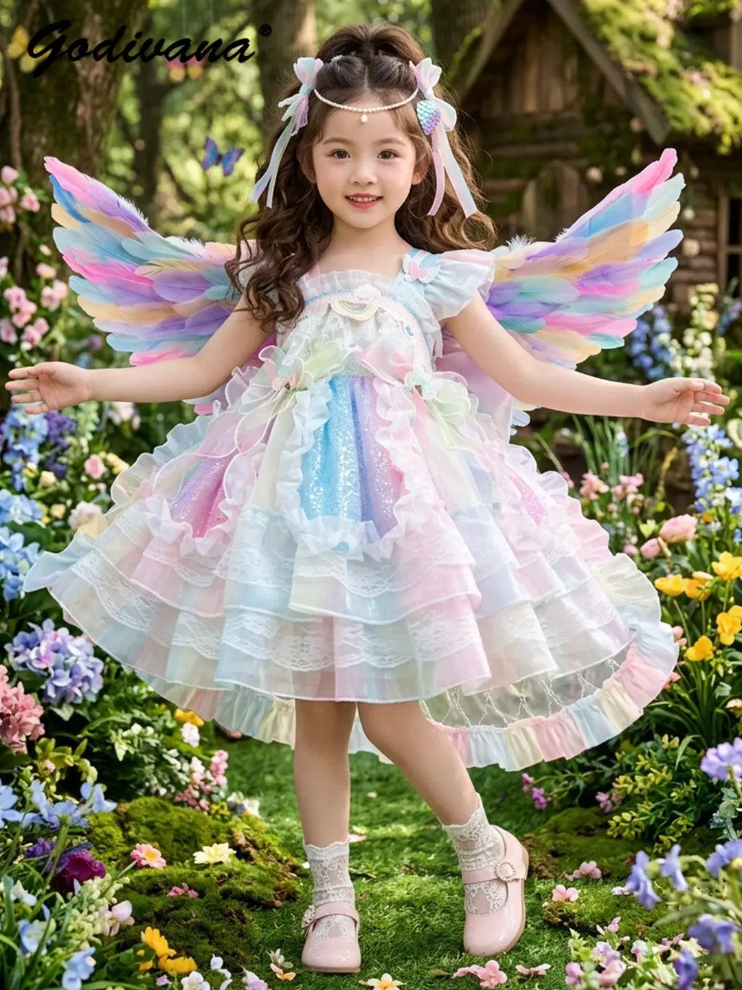 

2026 New Summer Baby Girls Sweet Rainbow Lolita Princess Dress Kids Heavy Tulle Sequin Winged Tutu Formal Birthday Party Dress