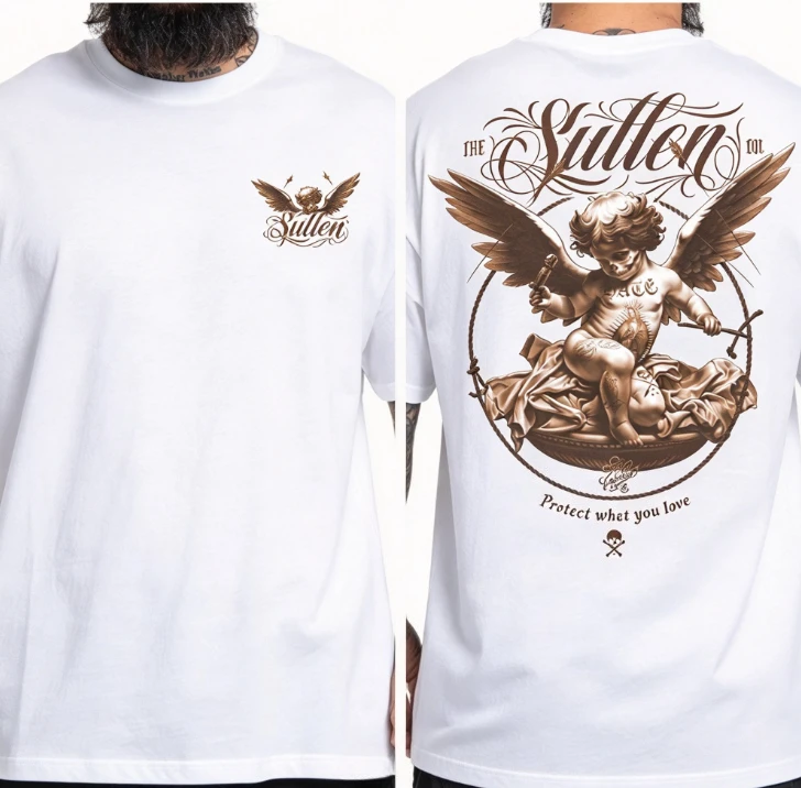 2026 Dark Streetwear Winged Baby Angel Graphic Tshirt Vintage Scroll Script Font Casual Short Sleeve Tops for Men