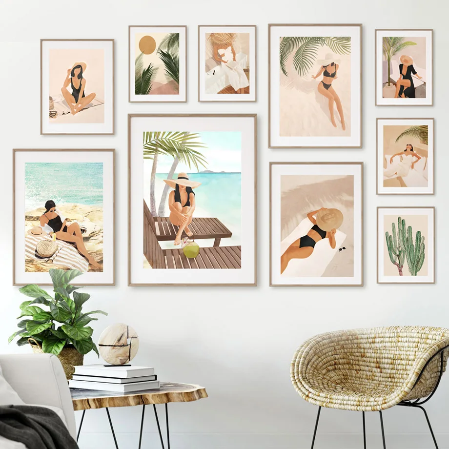 Boho Tropical Beach Wall Art Canvas Neutral Beige Vacation Posters Minimalist Woman in Swimsuit Palm Tree Cactus Room Home De