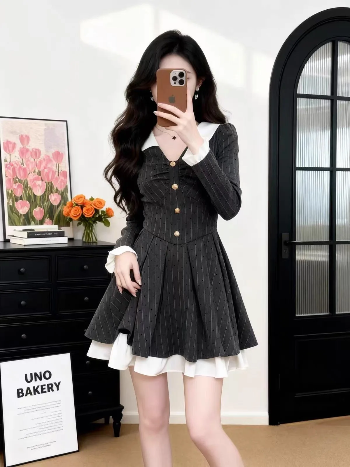 Gray Long Sleeve A-Line Dress Women's Pre-Fall Vintage Korean Style College Wind Skirt Slim Fit City Commute Daily Wear