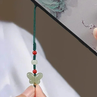 Imitation Blue Jade Carving Red Pearl Butterfly Exquisite Handmade Elegant Keychain Symbolizing Happiness Freedom Gifts Women