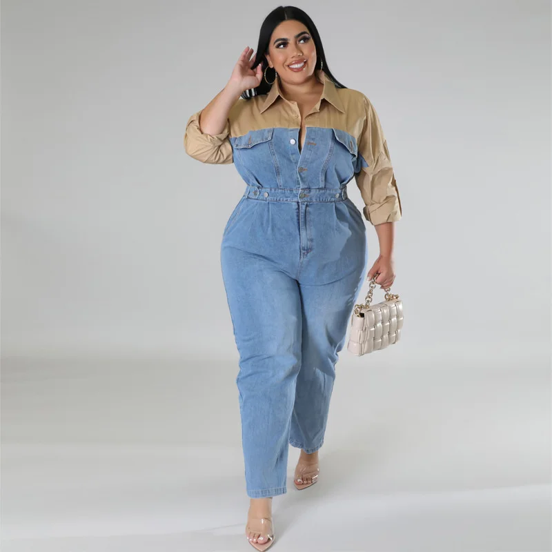 Plus Size Large Women\'s Jumpsuit New Denim Color Contrast Long Sleeve Jumpsuit Loose Fashion Casual Bodysuit Female Clothing