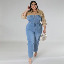 Plus Size Large Women's Jumpsuit New Denim Color Contrast Long Sleeve Jumpsuit Loose Fashion Casual Bodysuit Female Clothing