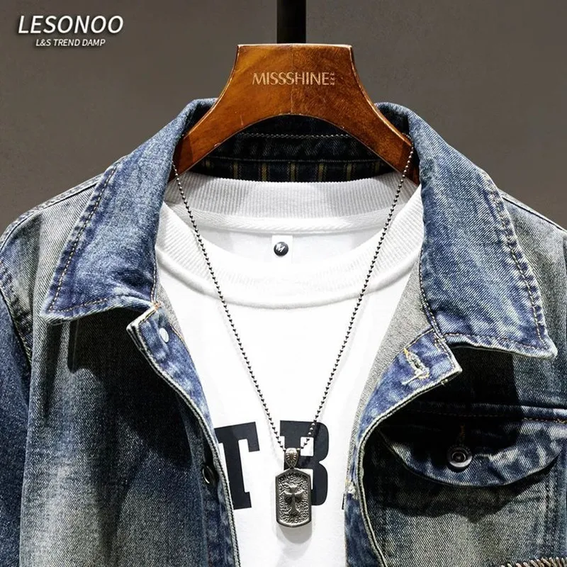 الخريف والربيع موضة جديدة الاتجاه لون نقي الأمريكية خمر ملابس العمل الدنيم سترة الرجال معطف رياضي فضفاض غير رسمي حجم كبير