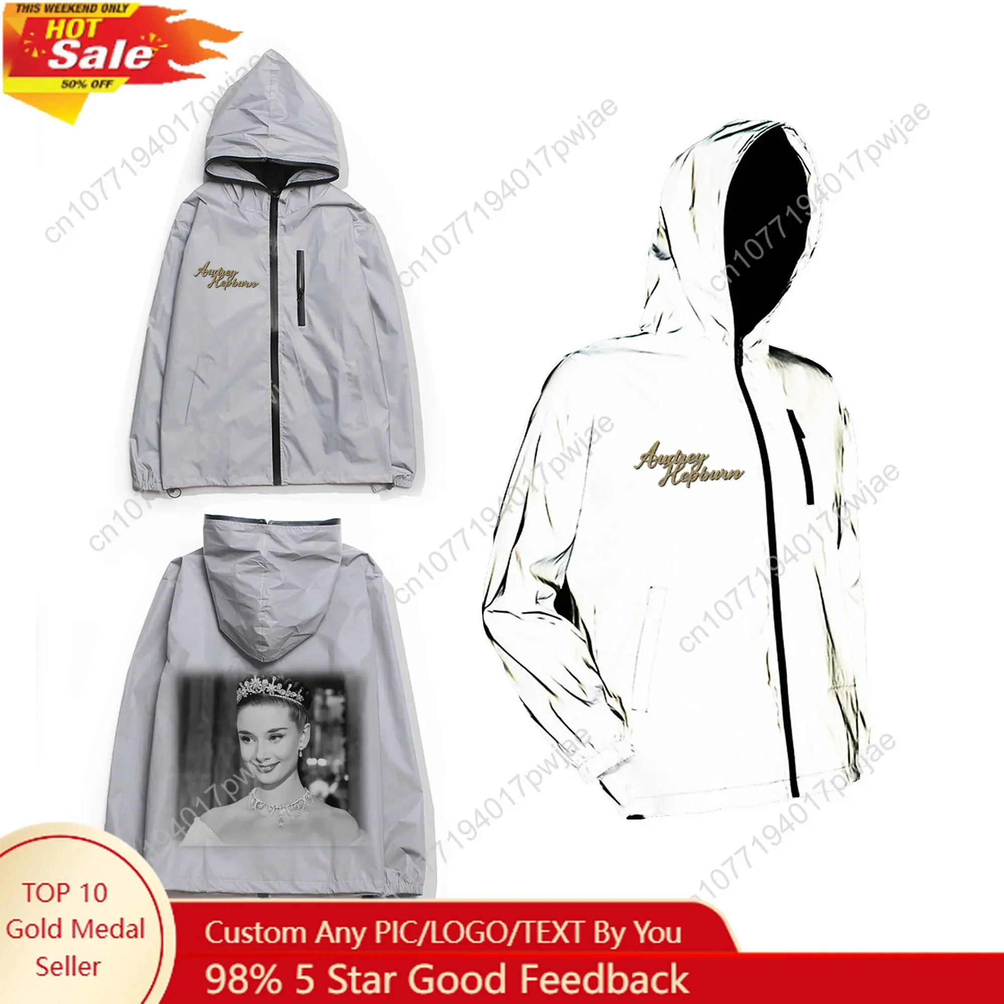 Audrey Hepburn Reflective Jacket Mens Womens Coat Hooded Windbreaker Run Pocket Jackets Hiking Zipper Customized Hoodie