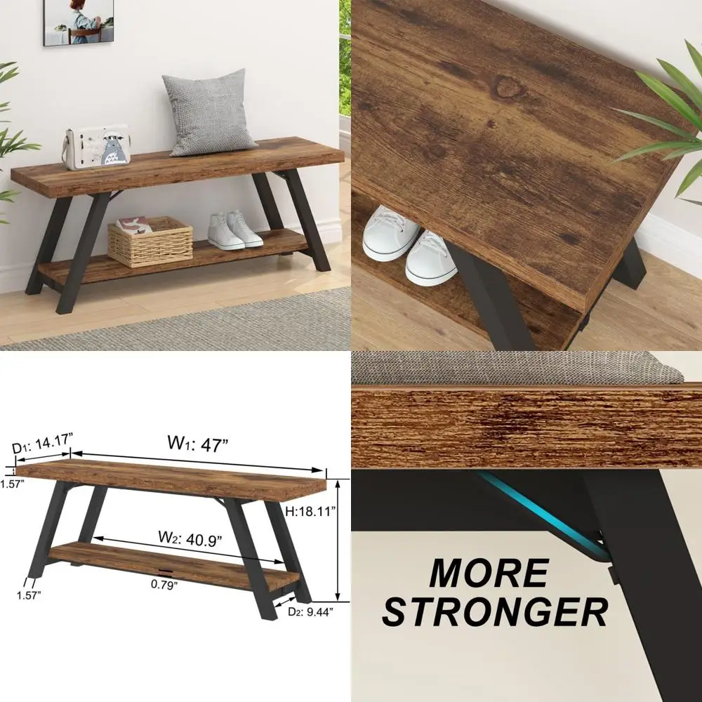 

Industrial Style Wooden and Metal Shoe Rack for Entryways, Hallways, and Living Rooms - Rustic Farmhouse Bench for Indoor Use