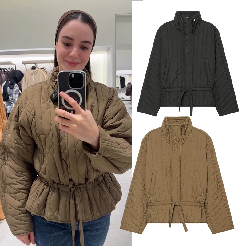 Women Quilted Jacket Diamond Pattern High Stand Collar Zip Up Drawstring Waist Padded Coat Vintage Slim Fit Outerwear Autumn