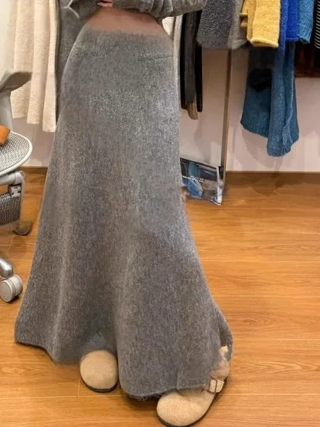 

Вязаная юбка А-силуэта из шерсти для женщин, осенне-зимняя, утепленная, с драпировкой, с завышенной талией, длинная