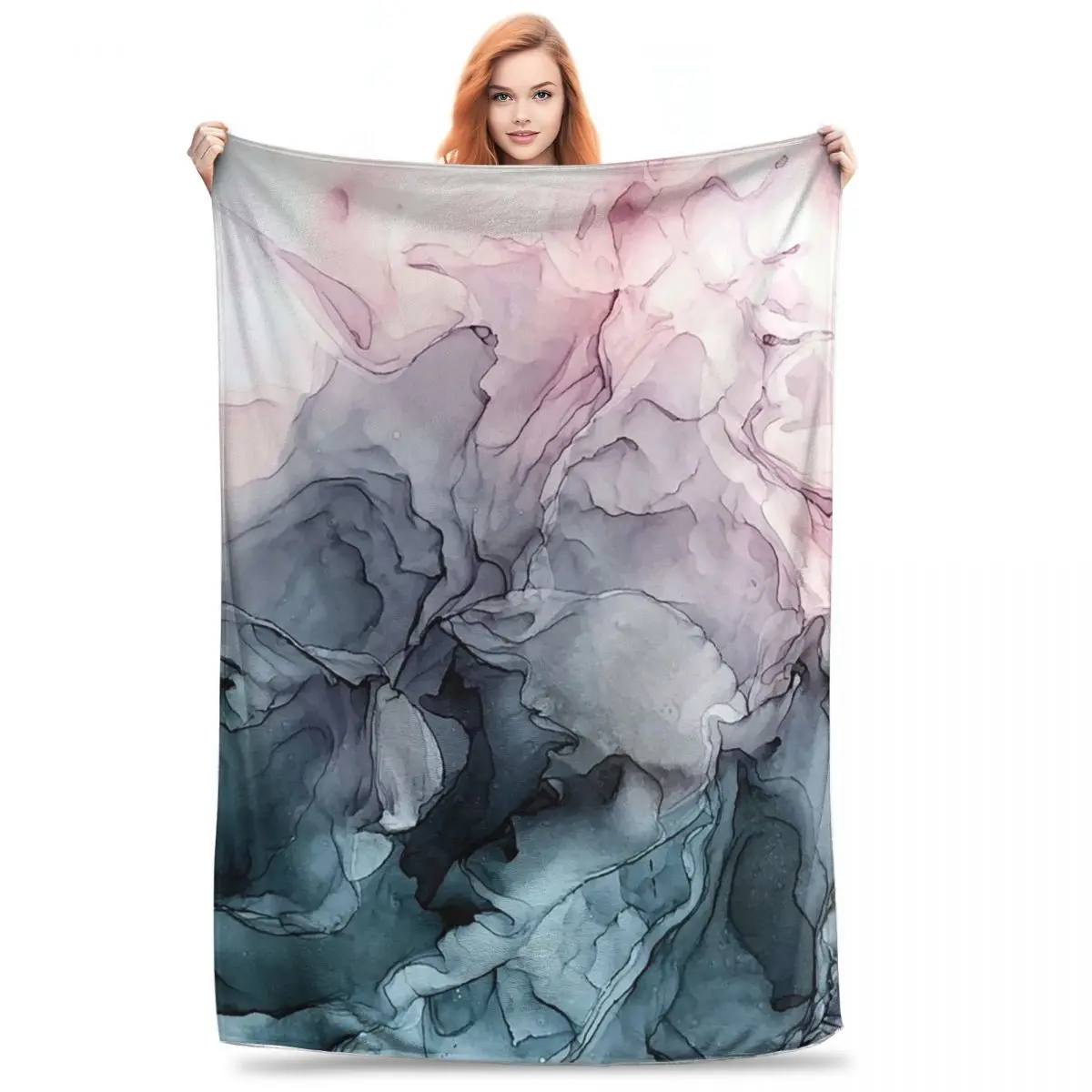 Blush And Payne's Grey Flowing Abstract Painting Blankets Flannel Warm Throw Blankets  For Couch Bedding Travel Throws Bedspread