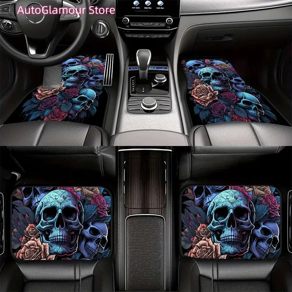 

4pcs Colorful Skull-pattern Printed Car Floor Mats, Made of Durable. Suitable for Various Trucks and SUV Models. Ideal Gift, Car