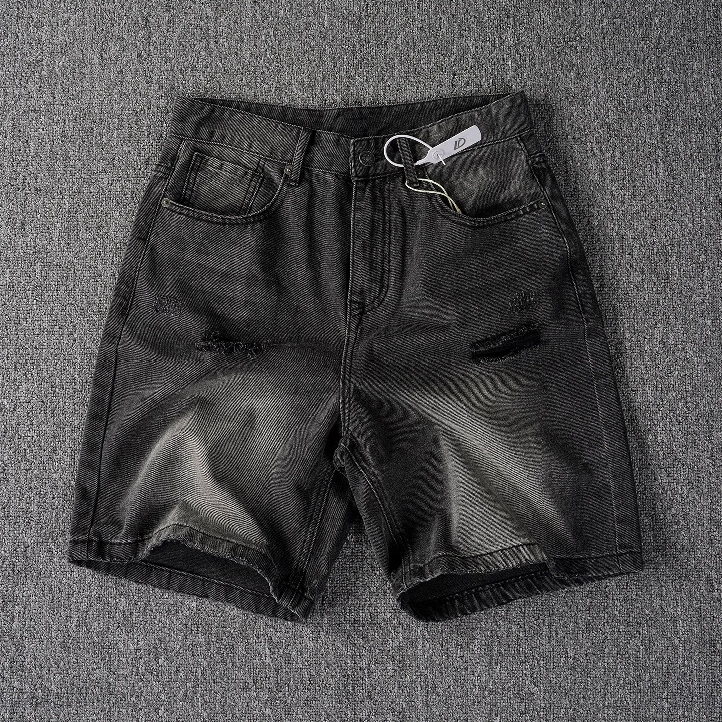 Heavy-duty washed black American retro denim shorts men's loose straight summer all-match ripped denim shorts