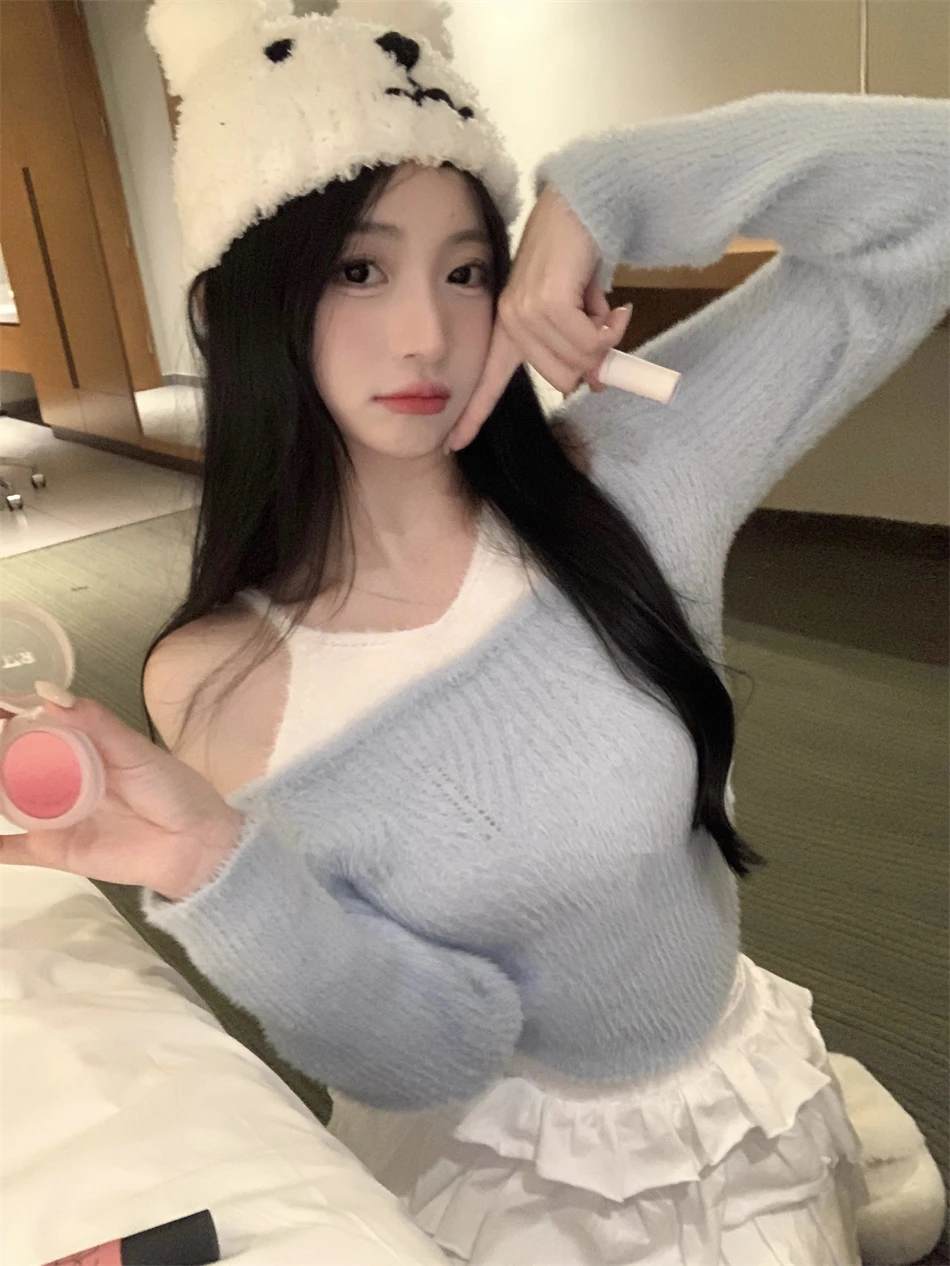 여성용 롱 니트 밍크 벨벳 베이스 슬림핏 스윗 앤 스파이시 걸 퓨어 디자이어 슬레 패치워크 겨울 스웨터 탑