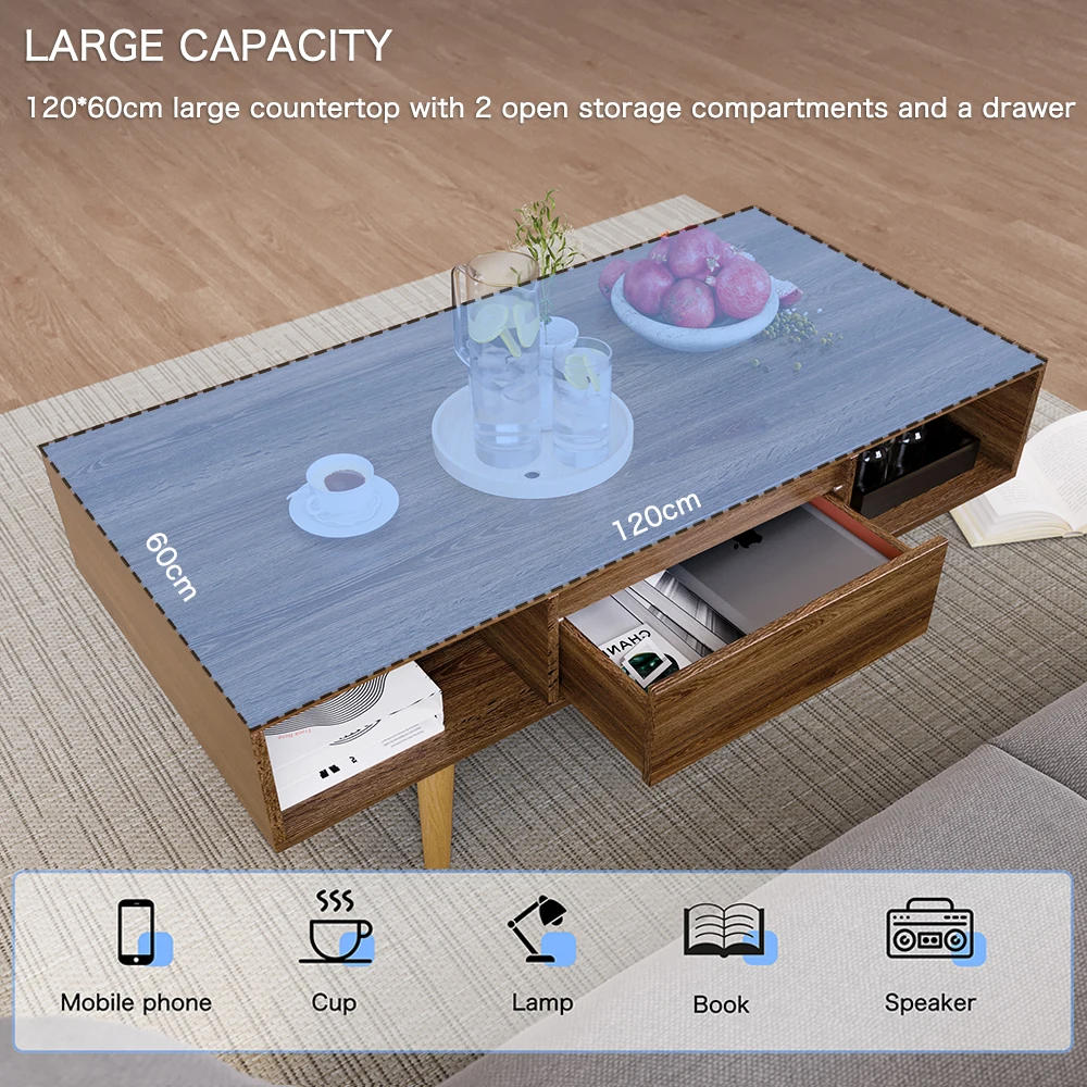 AnneFish Large-capacity Storage Double-layer Simple Installation Coffee Table For Living Room With 2 Drawers 120x60cm